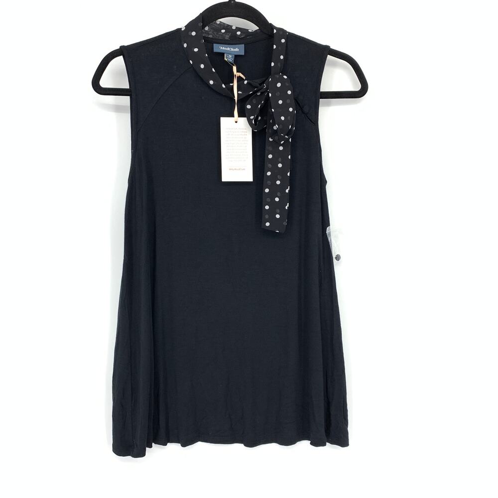 Modcloth Sleeveless Tie Neck Blouse Womens Size M Black Polka Dot Scarf NEW